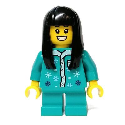 Minifigure Kid - Dark Turquoise Torso and Legs, Long Black Hair from set 80108