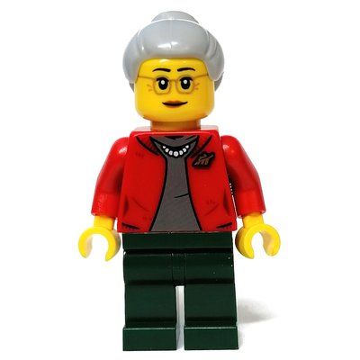 Minifigure Red Torso, Dark Green Legs, Light Bluish Grey Hair from set 80108