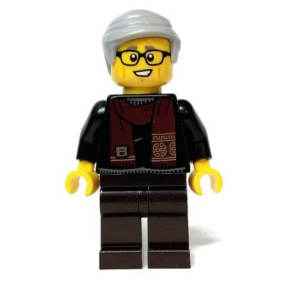 Minifigure Black Torso, Dark Brown Legs, Light Bluish Grey Hair from set 80108
