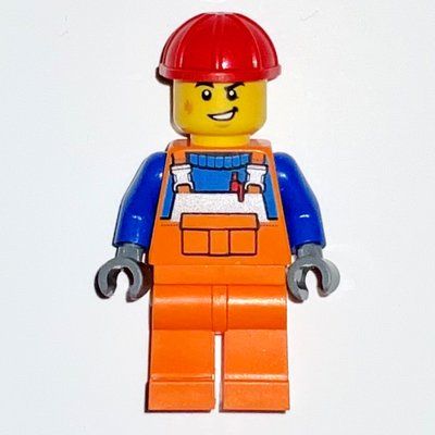 Minifigure Construction Worker, Orange Overalls, Red Hard Hat del set 60325