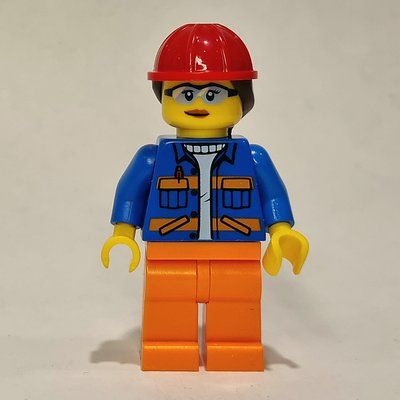 Minifigure Construction Worker, Blue Jacket, Orange Legs, Red Helmet del set 60325