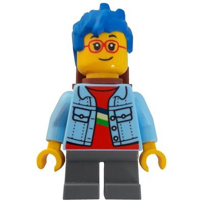 Figurine Boy, Bright Light Blue Jacket, Blue Hair, Reddish Brown Backpack du set 60329