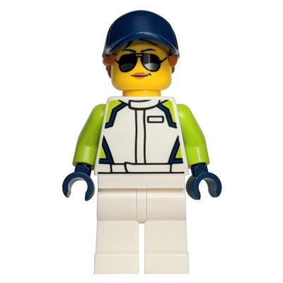 Minifigure Racer, White Race Suit, Dark Blue Cap, Sunglasses from set 60322