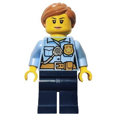 Minifigurka Policewoman, Bright Light Blue Shirt, Dark Blue Legs, Medium Nougat Hair z zestawu 60314