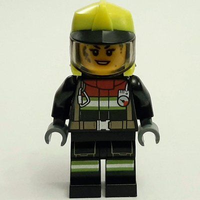 Minifigure Firefighter, Black Fire Suit, Vibrant Yellow Helmet, Dirty Face from set 30585