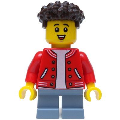 Minifigure Boy, Red Jacket, Short Sand Blue Legs, Dark Brown Hair from set 60326