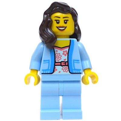 Minifigure Woman, Bright Light Blue Torso and Legs, Dark Brown Hair from set 60326