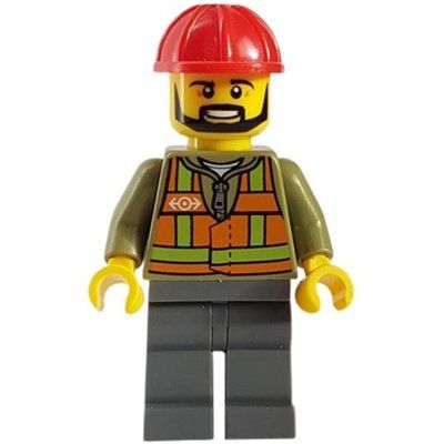 Figurine Train Worker, Orange Safety Vest with Train Logo over Olive Green Hoodie, Dark Bluish Gray Legs, Red Hard Hat, Black Beard du set 60052