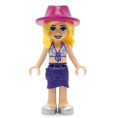Figurine Stephanie - Bright Light Blue Bikini Top with White Flowers, Dark Purple Skirt, Magenta Hat du set 41709