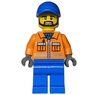 Minifigure Worker - Orange Torso, Blue Legs, Blue Cap, Black Beard del set 10680