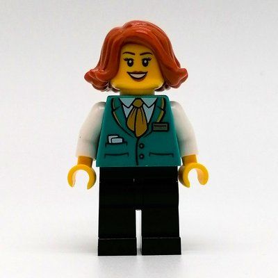 Figurine Train Station Employee, Woman, Dark Turquoise Vest, Black Legs du set 60335
