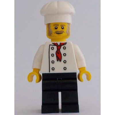 Minifigur Chef - White Torso, Black Legs, White Hat, Light Bluish Grey Sideburns aus Set 910013