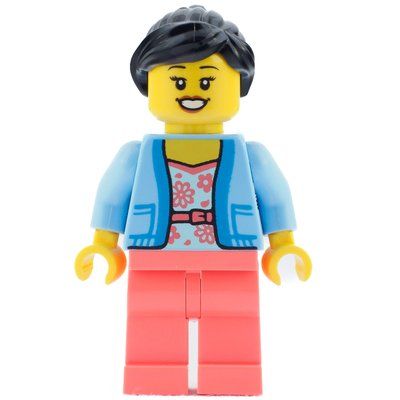 Minifigure Bright Light Blue Torso, Coral Legs, Black Hair del set 40574