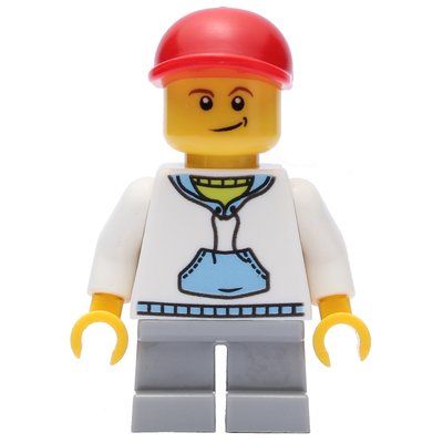 Minifigura Boy, White and Blue Hoodie, Short Light Bluish Gray Legs, Red Cap (3626c Head) del set 7848
