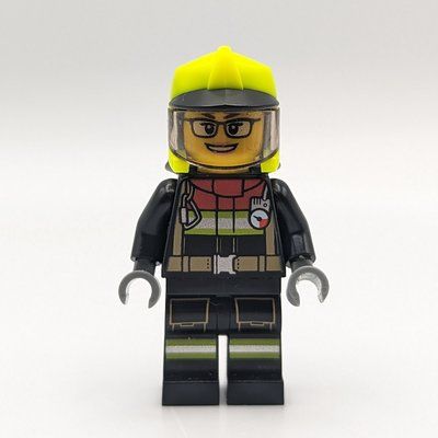 Figurine Firefighter, Black Suit, Vibrant Green Helmet with Visor, Glasses du set 60393