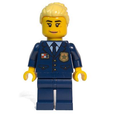 Minifiguur Police Officer, Dark Blue Suit with Police Badge, Bright Light Yellow Hair uit set 60372