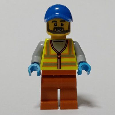 Minifigura Man, Vibrant Yellow Safety Vest, Dark Orange Legs, Blue Cap del set 60386