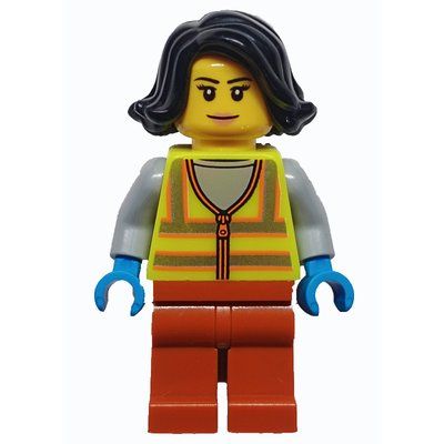 Minifigura Woman, Vibrant Yellow Safety Vest, Dark Orange Legs, Black Hair del set 60386