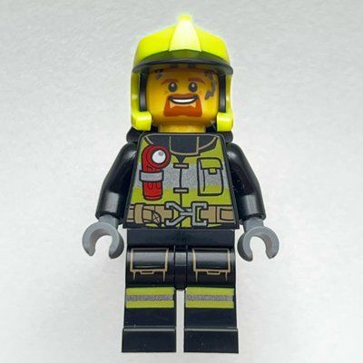 Figurine Firefighter, Black Fire Suit with Red Flashlight, Vibrant Yellow Helmet du set 60375