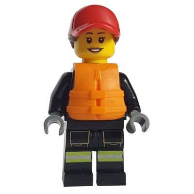 Figurine Firefighter, Black Fire Suit, Orange Life Vest, Red Cap du set 60373