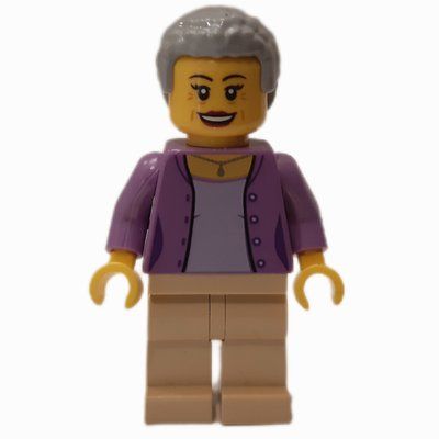 Minifigur Woman, Lavender Top, Tan Legs, Light Bluish Gray Hair aus Set 60371