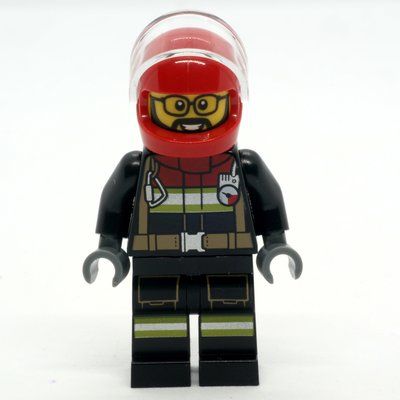 Minifigur Firefighter, Black Fire Suit, Red Helmet with Visor, Glasses aus Set 60371