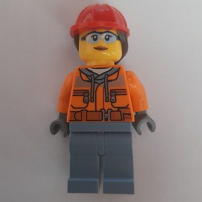 Figurine Construction Worker, Orange Safety Jacket, Sand Blue Legs, Red Hard Hat with Ponytail du set 60385