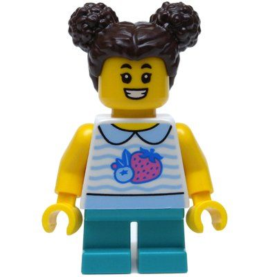 Minifigure Girl, White Vest, Short Dark Turquoise Legs, Dark Brown Hair del set 60384