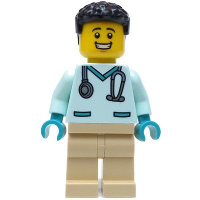 Minifiguur Vet, Light Aqua Shirt, Tan Legs, Black Hair uit set 60382