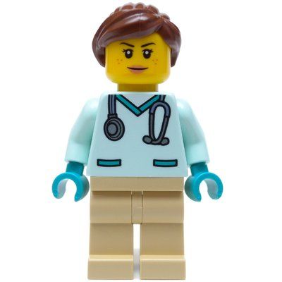 Minifiguur Vet, Light Aqua Shirt, Tan Legs, Reddish Brown Ponytail uit set 60382
