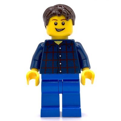 Minifigura Man, Dark Blue Plaid Shirt, Blue Legs, Dark Brown Hair (3626c Head) del set 7848