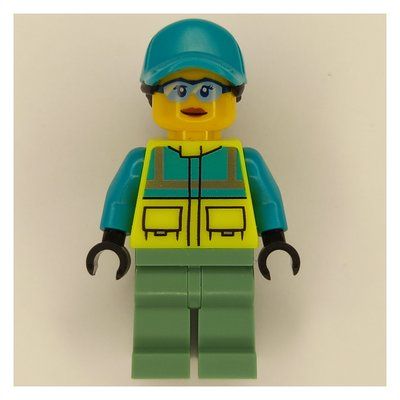 Minifigure Paramedic - Vibrant Yellow Torso, Sand Green Legs, Dark Turquoise Cap del set 40582
