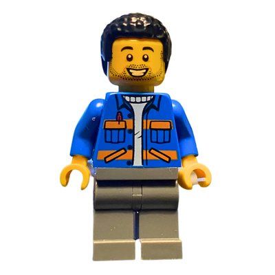 Minifigurka Blue Torso, Safety Vest, Dark Bluish Grey Legs, Black Hair z zestawu 952303