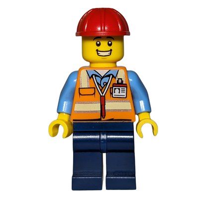 Figurine Construction Worker - Orange Torso, Dark Blue Legs, Red Helmet, Grin du set 910008