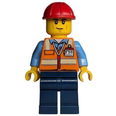 Figurine Construction Worker - Orange Torso, Dark Blue Legs, Red Helmet, Smirk du set 910008