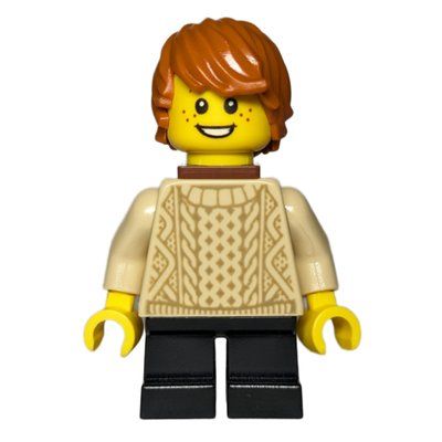 Minifigure Kid - Tan Torso, Black Legs, Dark Orange Hair del set 910002