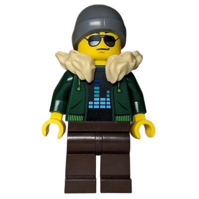Minifigure Dark Green Torso, Dark Brown Legs, Tan Collar, Dark Bluish Grey Beanie del set 910002