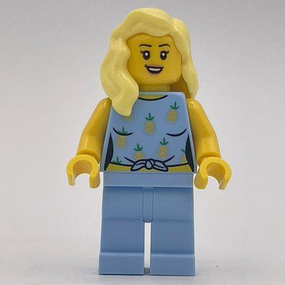 Minifigure Woman, Bright Light Blue Outfit with Pineapples from set 60362