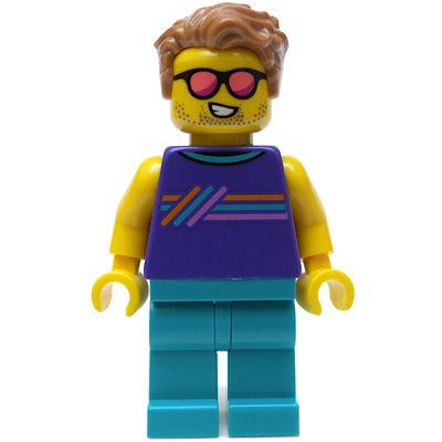 Minifigure Man, Dark Purple Vest, Dark Turquoise Legs, Coral Sunglasses del set 60363