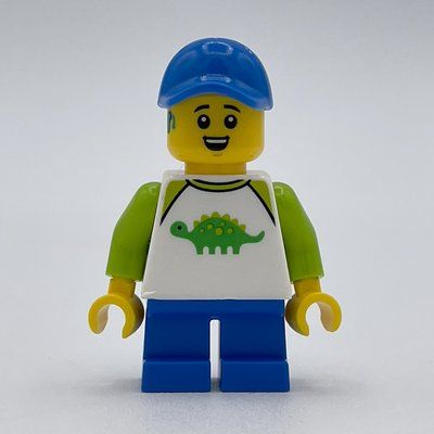 Minifigure Boy, Dinosaur Shirt, Short Blue Legs, Blue Cap from set 60398