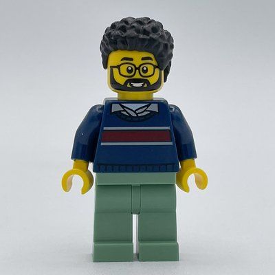 Minifigure Man, Dark Blue Sweater, Sand Green Legs, Beard and Glasses from set 60398