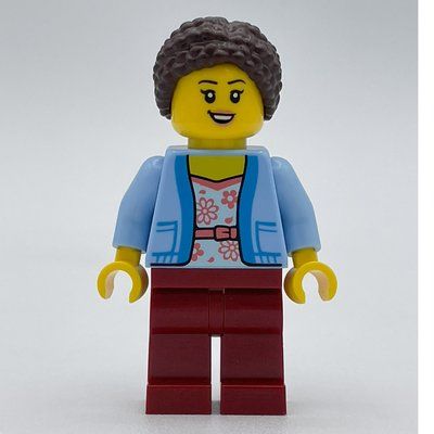Minifigure Woman, Bright Light Blue Cardigan, Dark Red Legs from set 60398