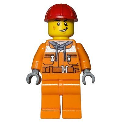 Minifigura Construction Worker, Orange Safety Suit, Red Hard Hat del set 60391