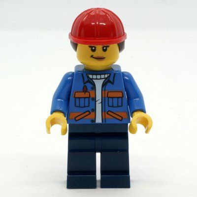 Minifigura Construction Worker, Blue Safety Jacket, Dark Blue Legs, Red Hard Hat with Hair del set 60391