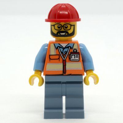 Minifigura Construction Worker, Orange Safety Vest, Sand Blue Legs, Red Hard Hat del set 60391