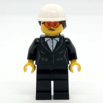 Minifigura Construction Site Foreman, Black Suit, White Hard Hat with Hair del set 60391