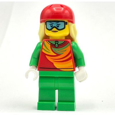 Minifigur Skier, Red and Bright Green Snowsuit, Red Helmet with Hair aus Set 60366