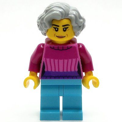Minifigura Woman, Dark Pink Top, Medium Azure Legs, Light Bluish Gray Hair del set 60365