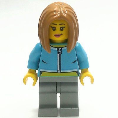 Minifigura Woman, Medium Azure Torso, Flat Silver Legs, Medium Nougat Hair del set 60365