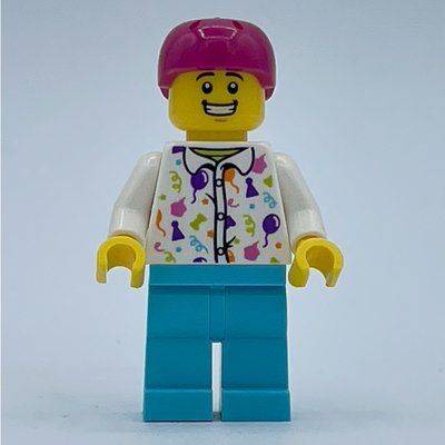 Figurine Man, White Shirt with Balloons, Medium Azure Legs, Magenta Helmet du set 40641